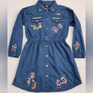DKNY Girls Disney Mickey Minnie Denim Shirt Dress Patches Size 6